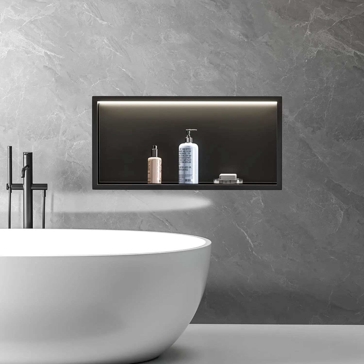 Neodrain LED Shower Niche, 24"X12" Matte Black Wall Niche, NO Tile Needed Stainless Steel Bathroom Niches with Non-dimmable Led Light 3000K, Recessed Shower Cabinet Cubby for Shampoo