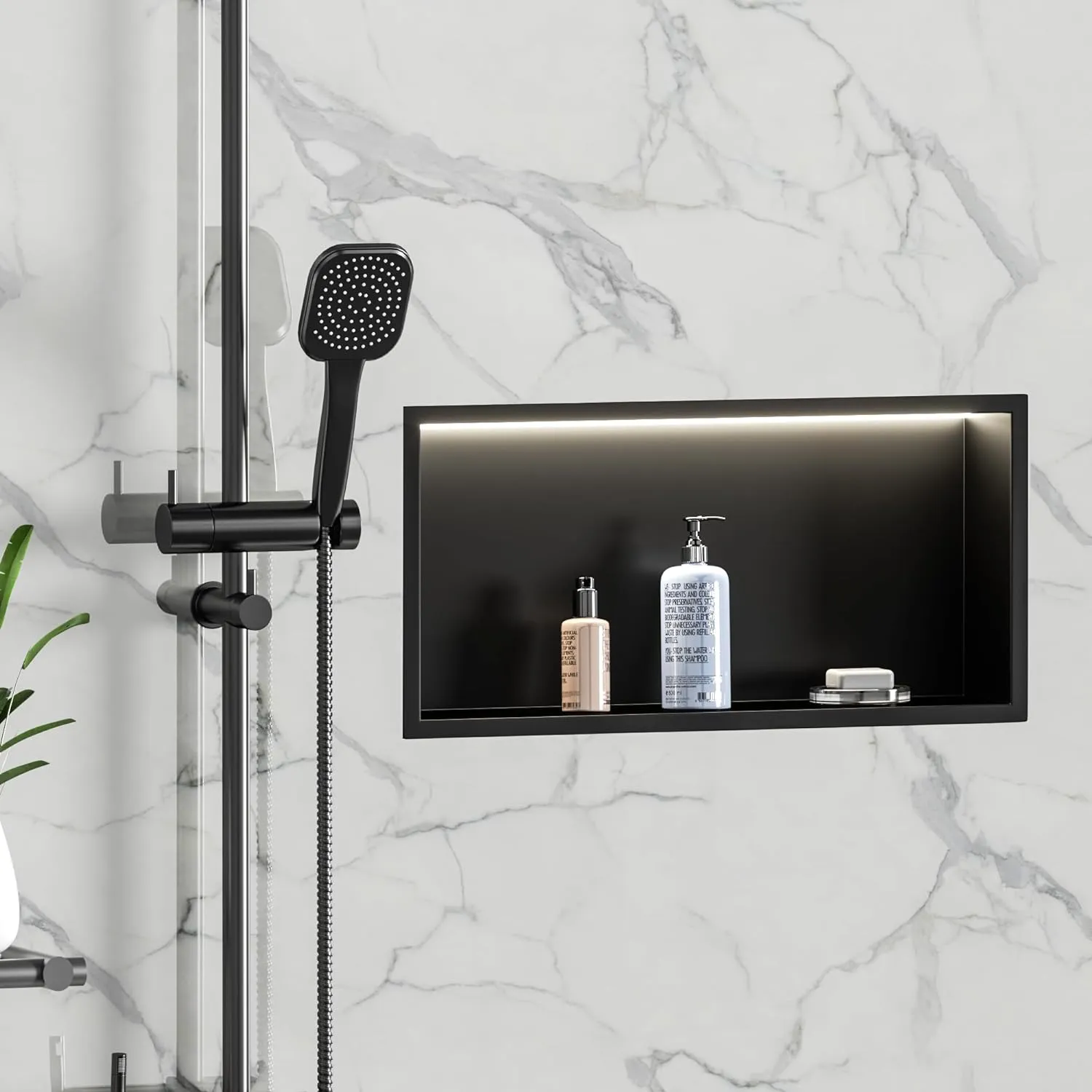 Neodrain LED Shower Niche, 24"X12" Matte Black Wall Niche, NO Tile Needed Stainless Steel Bathroom Niches with Non-dimmable Led Light 3000K, Recessed Shower Cabinet Cubby for Shampoo
