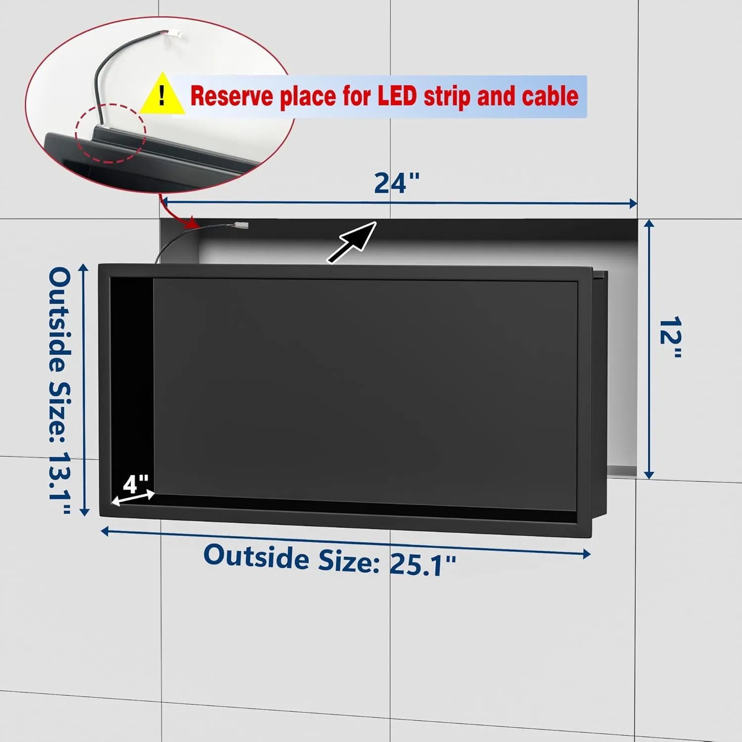 Neodrain LED Shower Niche, 24"X12" Matte Black Wall Niche, NO Tile Needed Stainless Steel Bathroom Niches with Non-dimmable Led Light 3000K, Recessed Shower Cabinet Cubby for Shampoo
