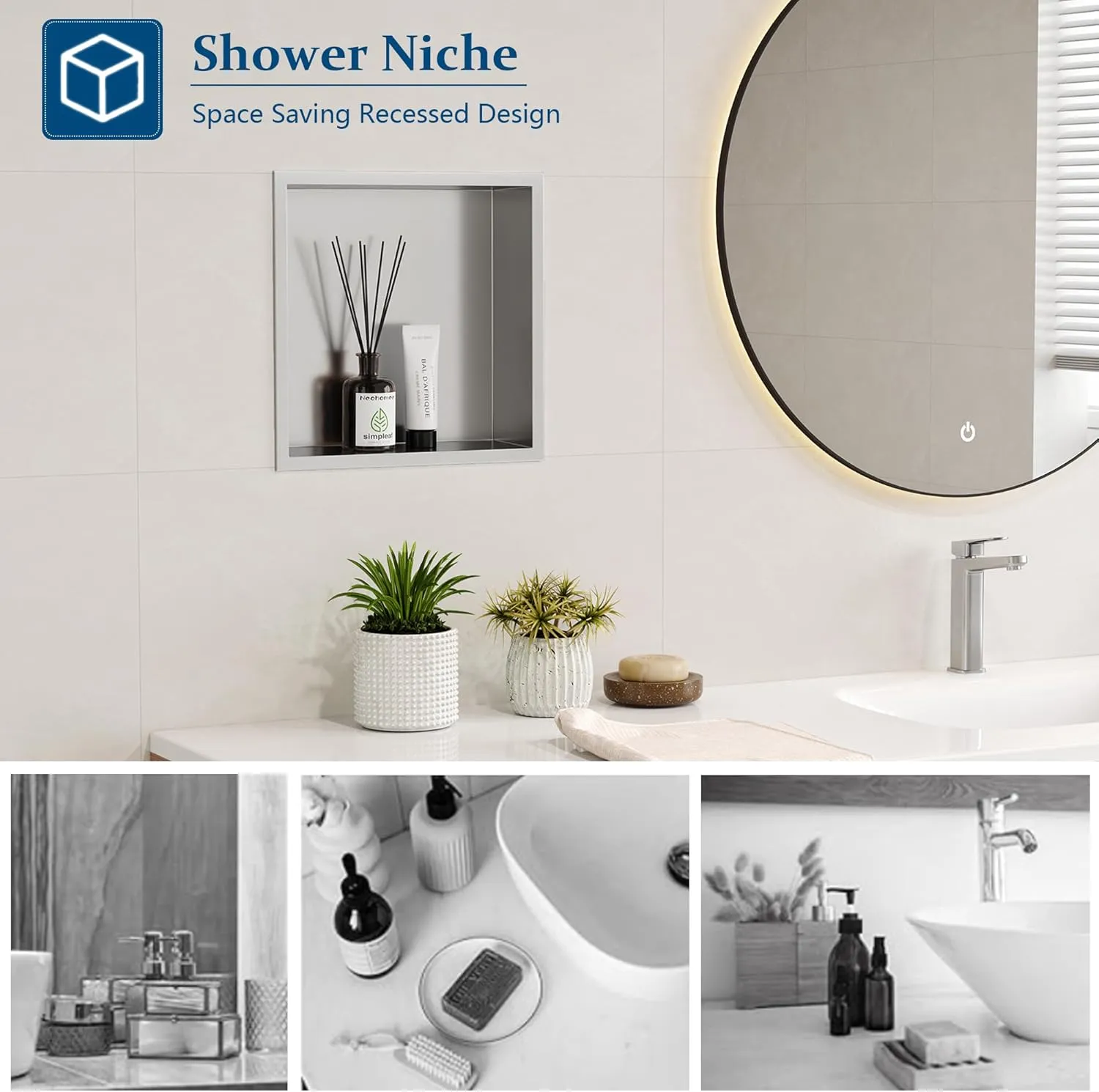 Neodrain No Tile Shower Niche, Brushed Stainless Steel Bathroom Wall Niche Cubby, 12" X 12" Recessed Storage Shelf