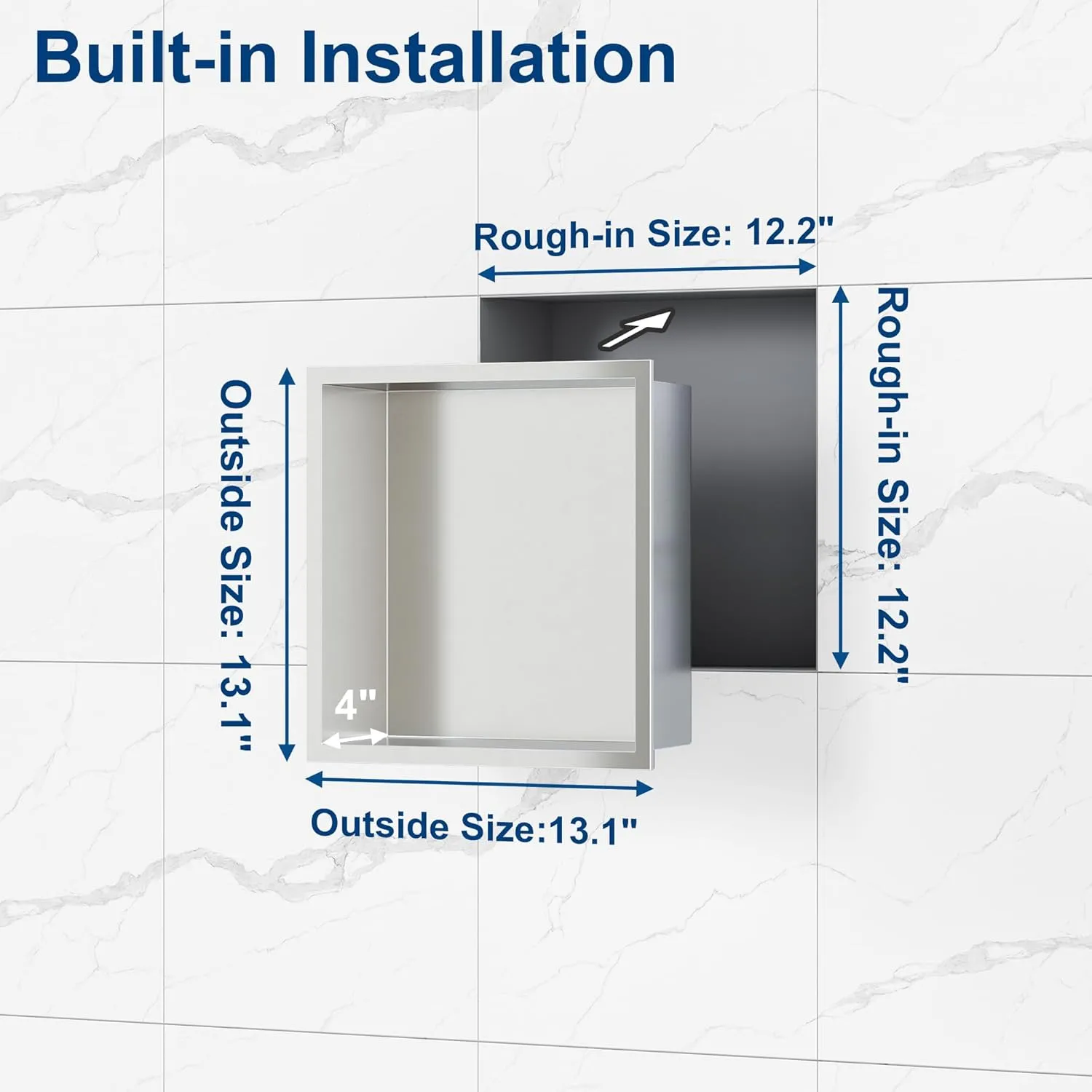 Neodrain No Tile Shower Niche, Brushed Stainless Steel Bathroom Wall Niche Cubby, 12" X 12" Recessed Storage Shelf