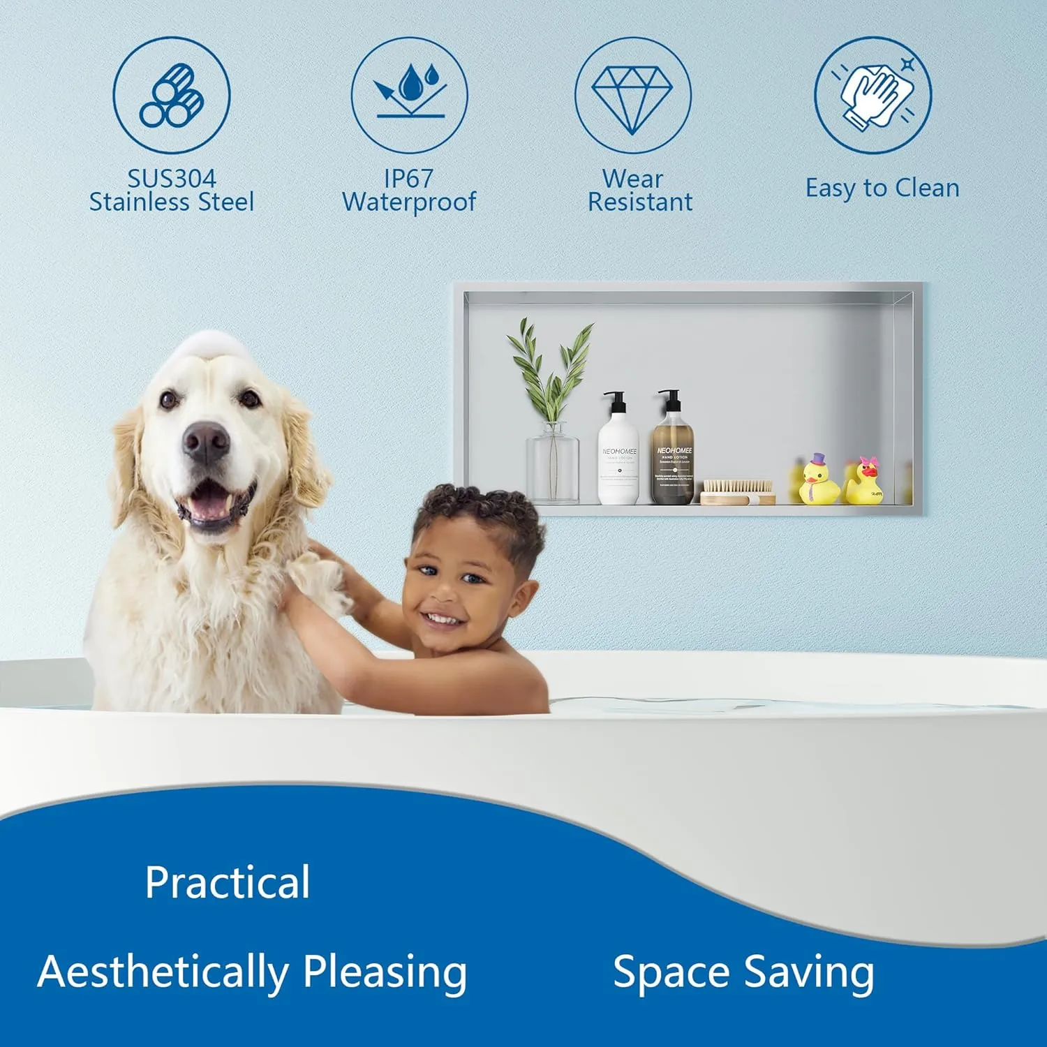 Neodrain No Tile Shower Niche, Shower Niche Bathroom Shelf, Inner Size 24" X 12" X 4", Brushed Stainless Steel Bathroom Wall Niche Cubby, NO Tile Needed Recessed Niche Shower for Storage