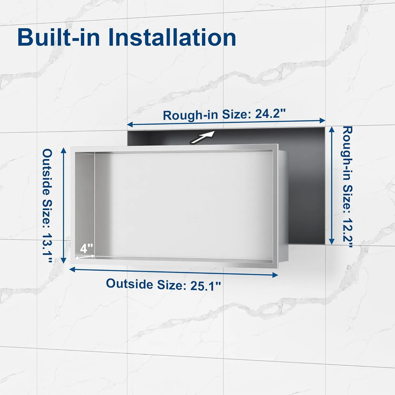 Neodrain No Tile Shower Niche, Shower Niche Bathroom Shelf, Inner Size 24" X 12" X 4", Brushed Stainless Steel Bathroom Wall Niche Cubby, NO Tile Needed Recessed Niche Shower for Storage