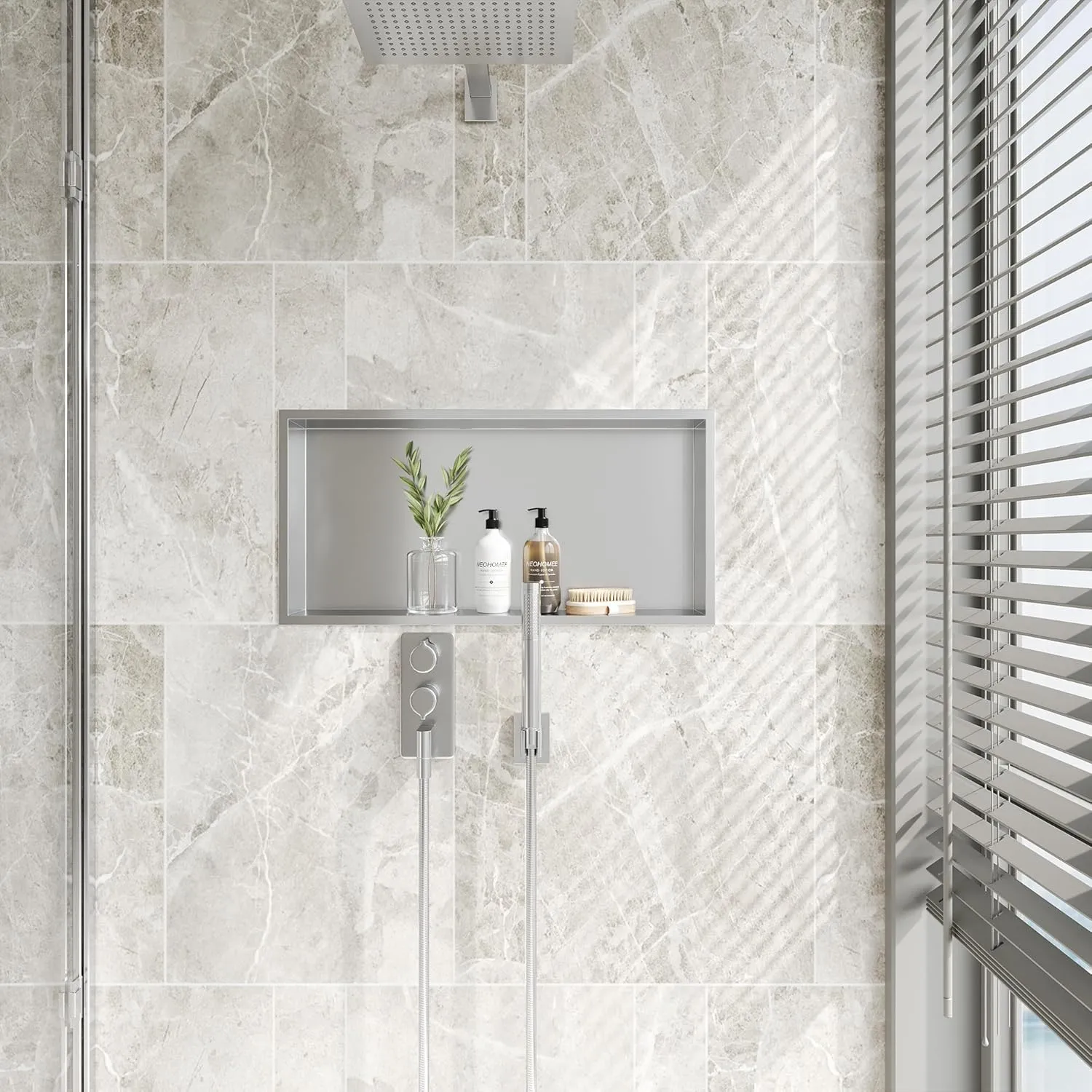 Neodrain No Tile Shower Niche, Shower Niche Bathroom Shelf, Inner Size 24" X 12" X 4", Brushed Stainless Steel Bathroom Wall Niche Cubby, NO Tile Needed Recessed Niche Shower for Storage