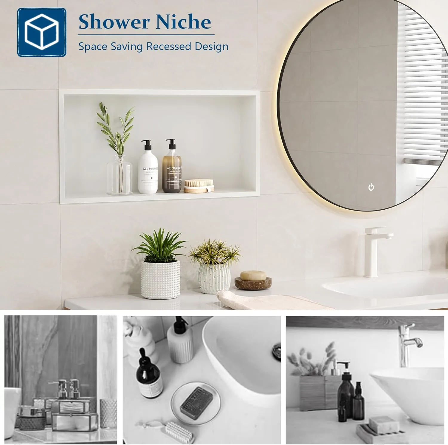 Neodrain No Tile Shower Niche, White Shower Niche Bathroom Shelf, (Outside Size 25.1"x13.1") (Inner Size 24" X 12" X 4"), NO Tile Needed Recessed Niche Shower for Storage