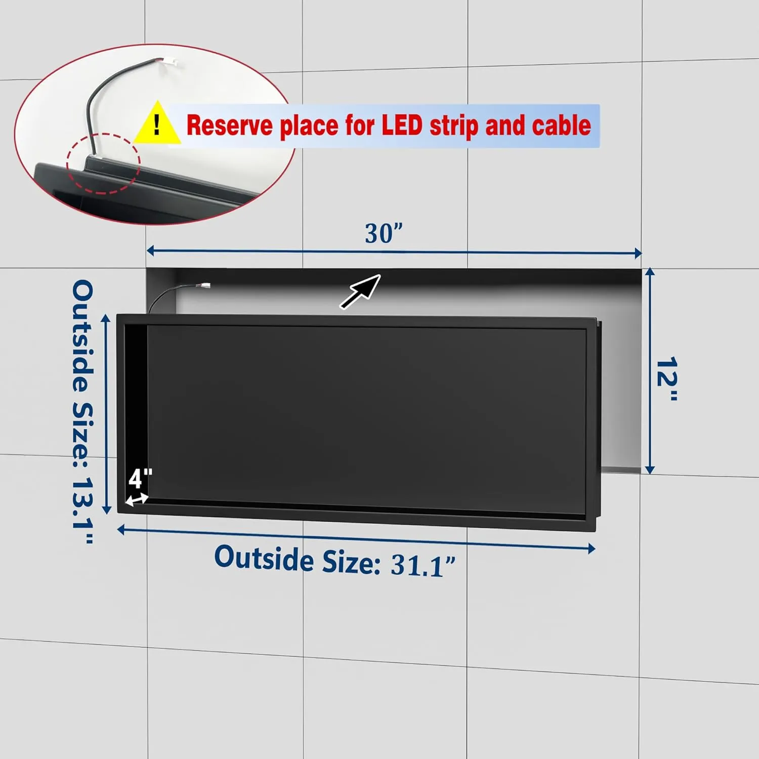 Neodrain Recessed LED Shower Niche, 30"X12" Matte Black Wall Niche, Stainless Steel Cabinet with 3000K Warm Light, NO Tile Needed for Bathroom Wall Storage