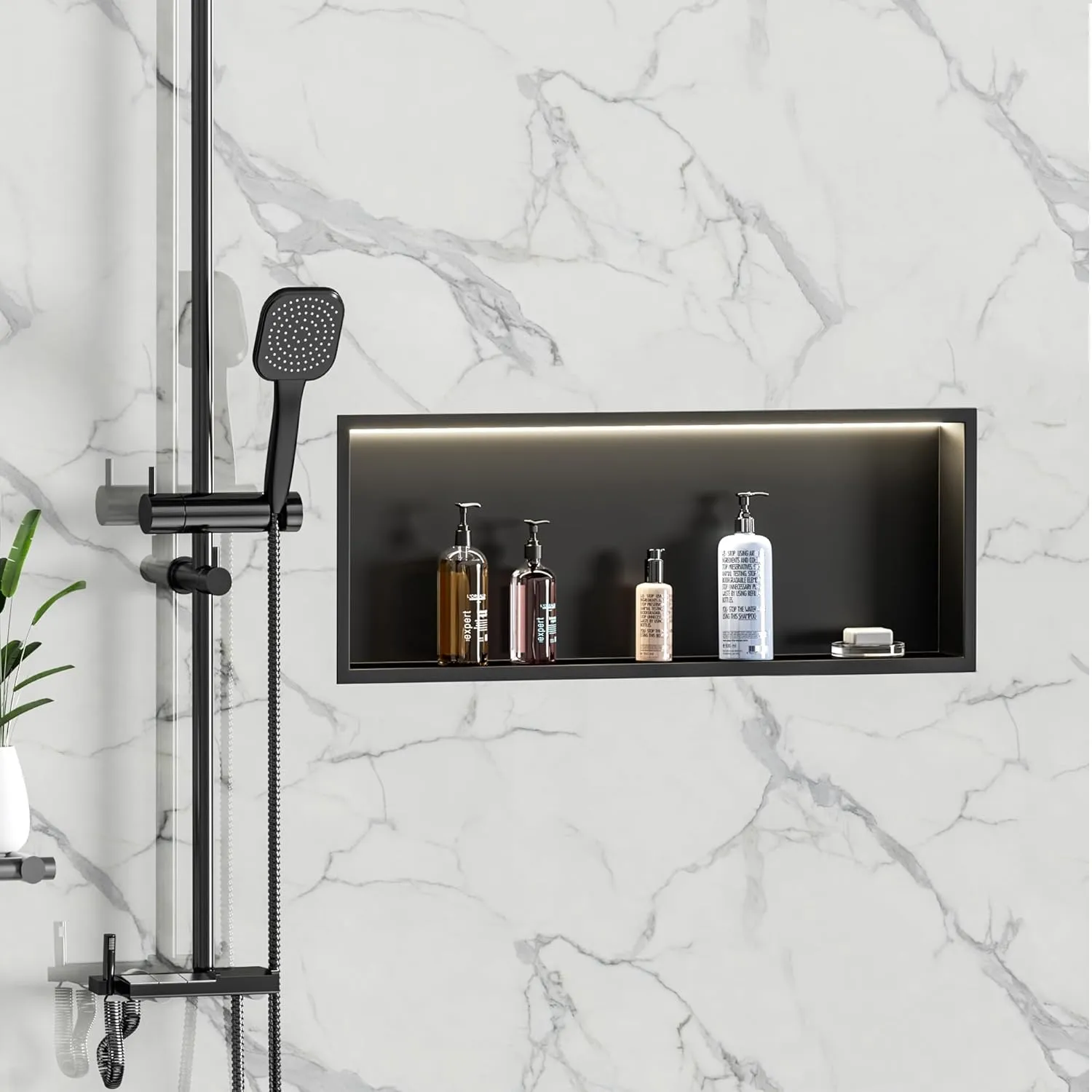 Neodrain Recessed LED Shower Niche, 30"X12" Matte Black Wall Niche, Stainless Steel Cabinet with 3000K Warm Light, NO Tile Needed for Bathroom Wall Storage