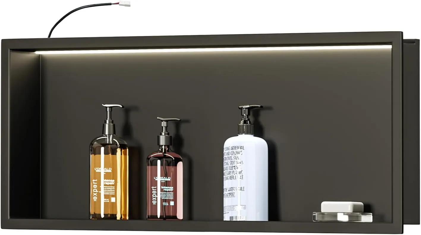 Neodrain Recessed LED Shower Niche, 30"X12" Matte Black Wall Niche, Stainless Steel Cabinet with 3000K Warm Light, NO Tile Needed for Bathroom Wall Storage