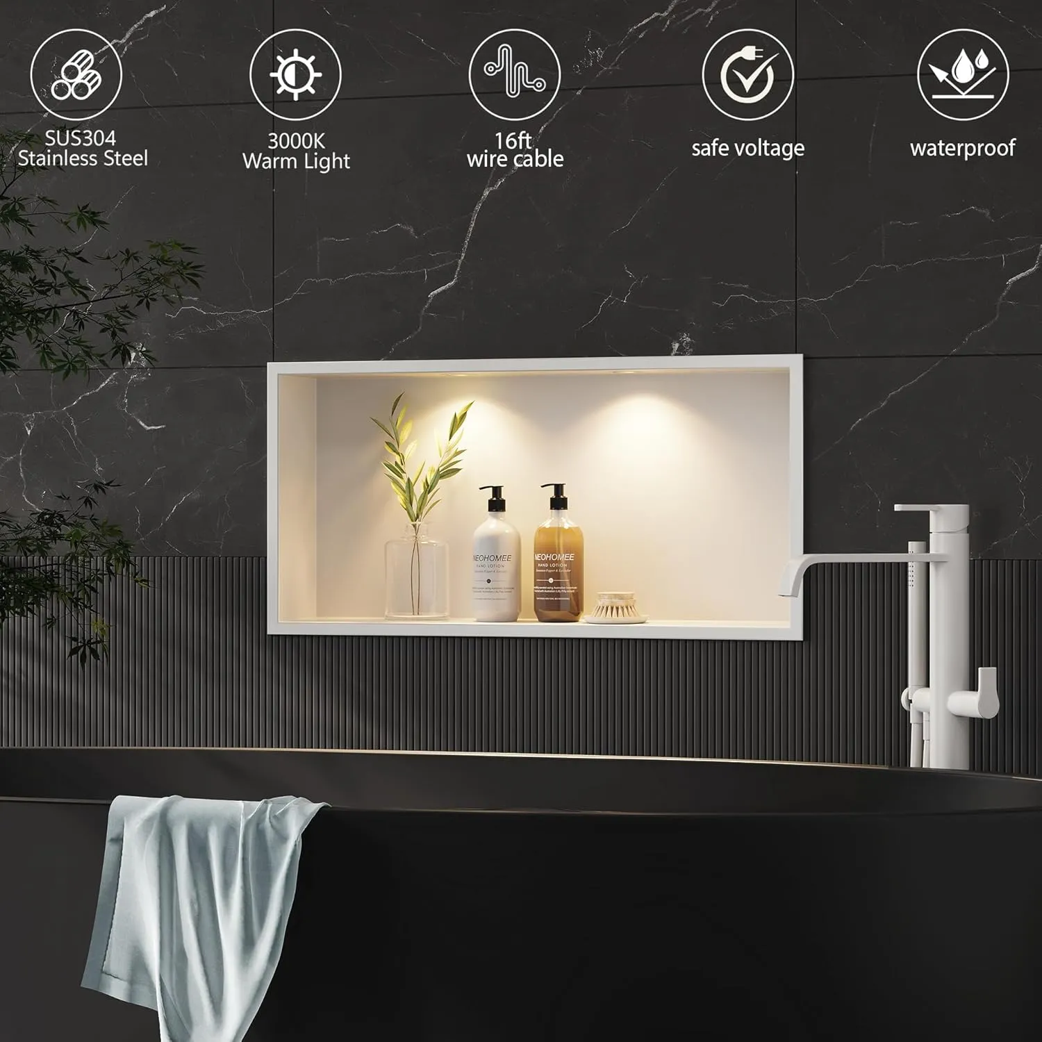Neodrain Shower Niche with Non-dimmable LED Downlight, 24X12Inch White Stainless Niche No Tile Needed Shower Niche, Built-in Recessed Niche for Bathroom Storage