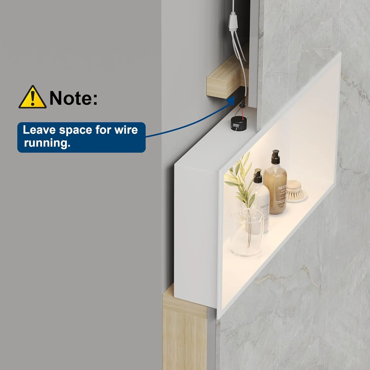 Neodrain Shower Niche with Non-dimmable LED Downlight, 24X12Inch White Stainless Niche No Tile Needed Shower Niche, Built-in Recessed Niche for Bathroom Storage