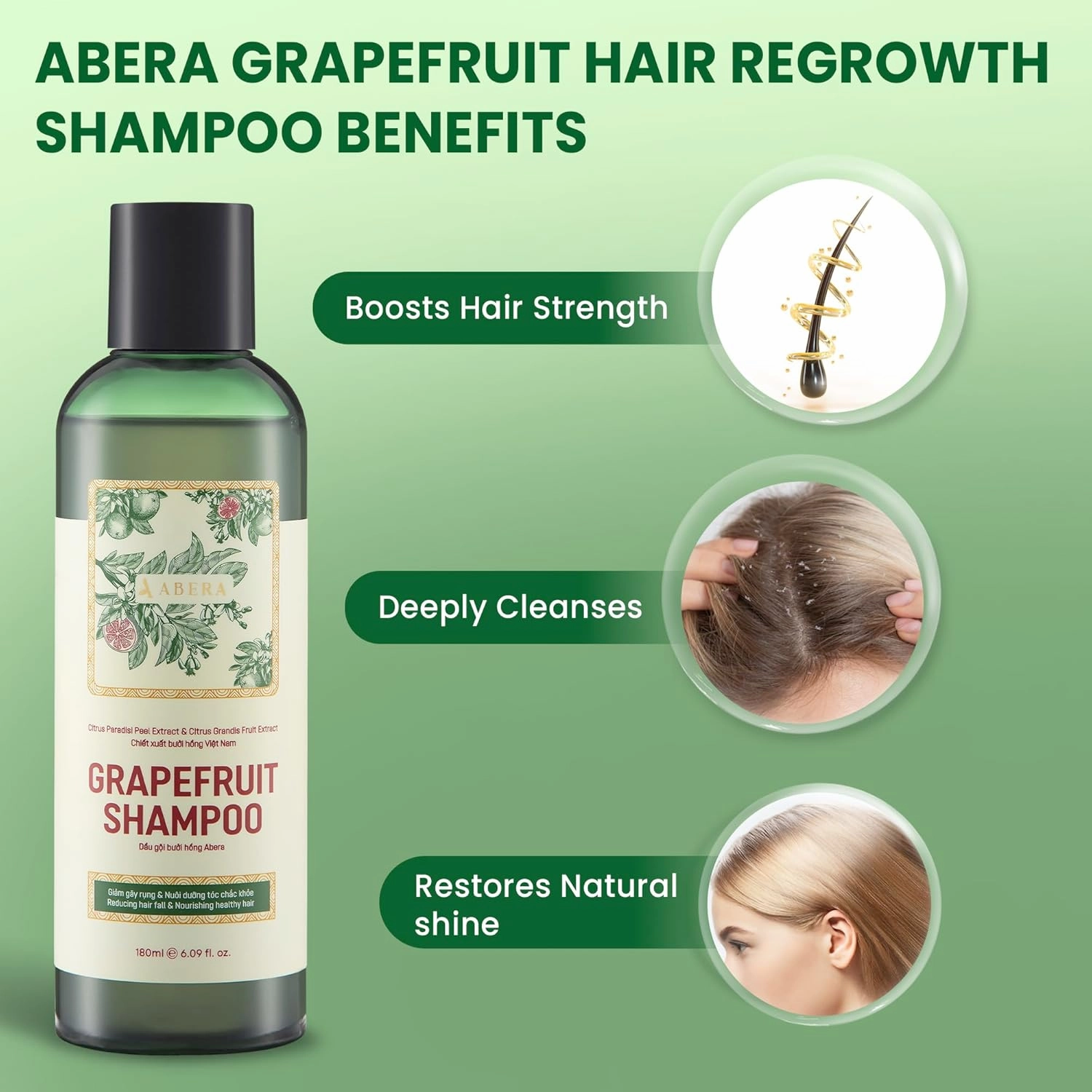 New ABERA Hair Growth Shampoo With Grapefruit Essence, for Hair Loss & Thinning Hair, Citrus Paradisi Peel Extract, Rich in Vitamin C & Flavonoids, Repairs & Strengthens hair, Citrus Scent, Fl Oz 6.09