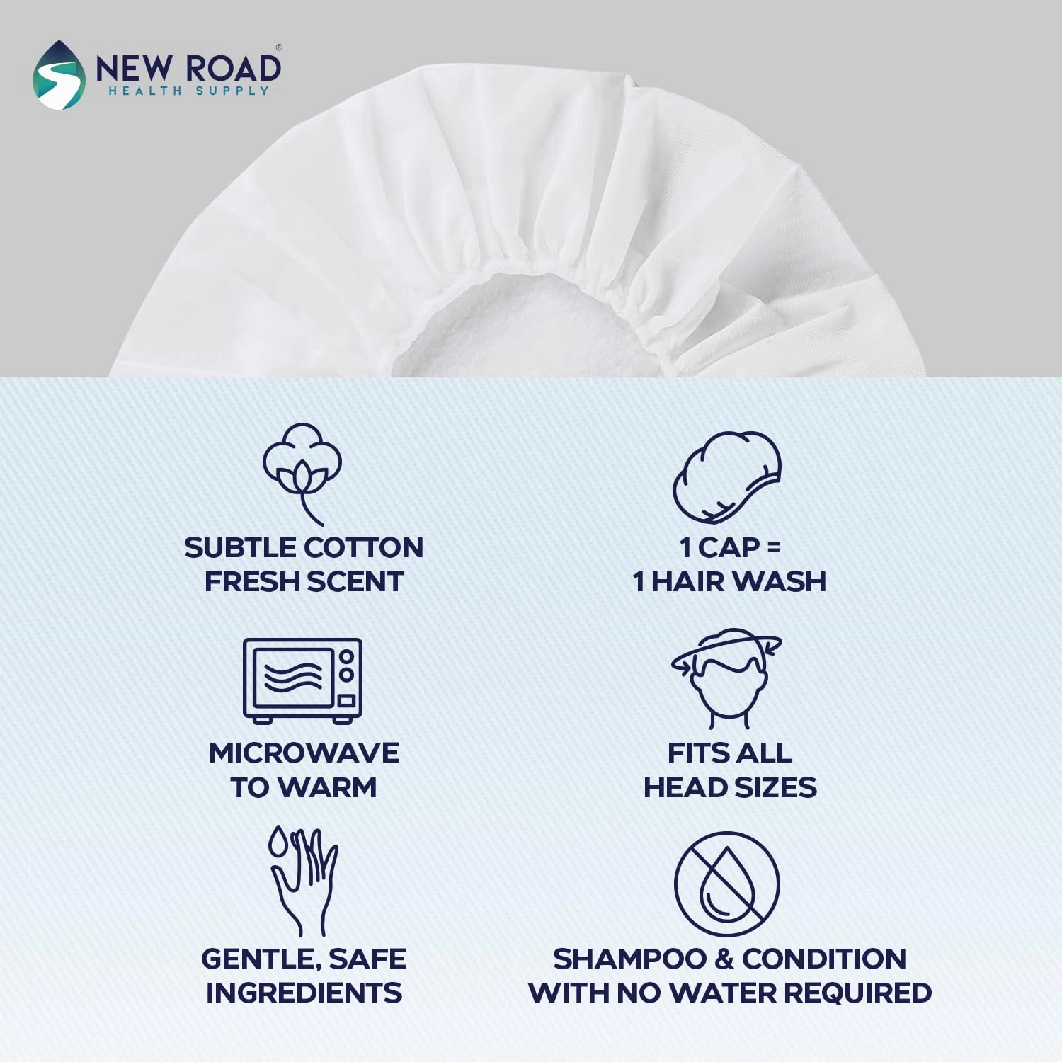 New Road Health Supply - Rinse Free Shampoo Cap, Shampoo and Condition Without Water, Shower Cap for Women and Men, PH Balanced and Hypoallergenic, for Camping Essentials, Elderly, 12-Pack