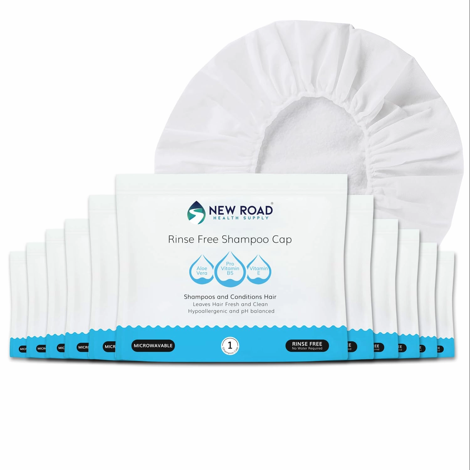 New Road Health Supply - Rinse Free Shampoo Cap, Shampoo and Condition Without Water, Shower Cap for Women and Men, PH Balanced and Hypoallergenic, for Camping Essentials, Elderly, 12-Pack