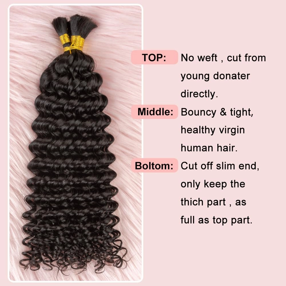 Niawigs Brazilian Human Bulk Braiding Hair Deep Curly No Weft Human Hair for Braiding 100 Percent Human Hair for Bohemian Kontless Natural Black 100 Gram Per Bundle (20 Inch, Deep Curly)