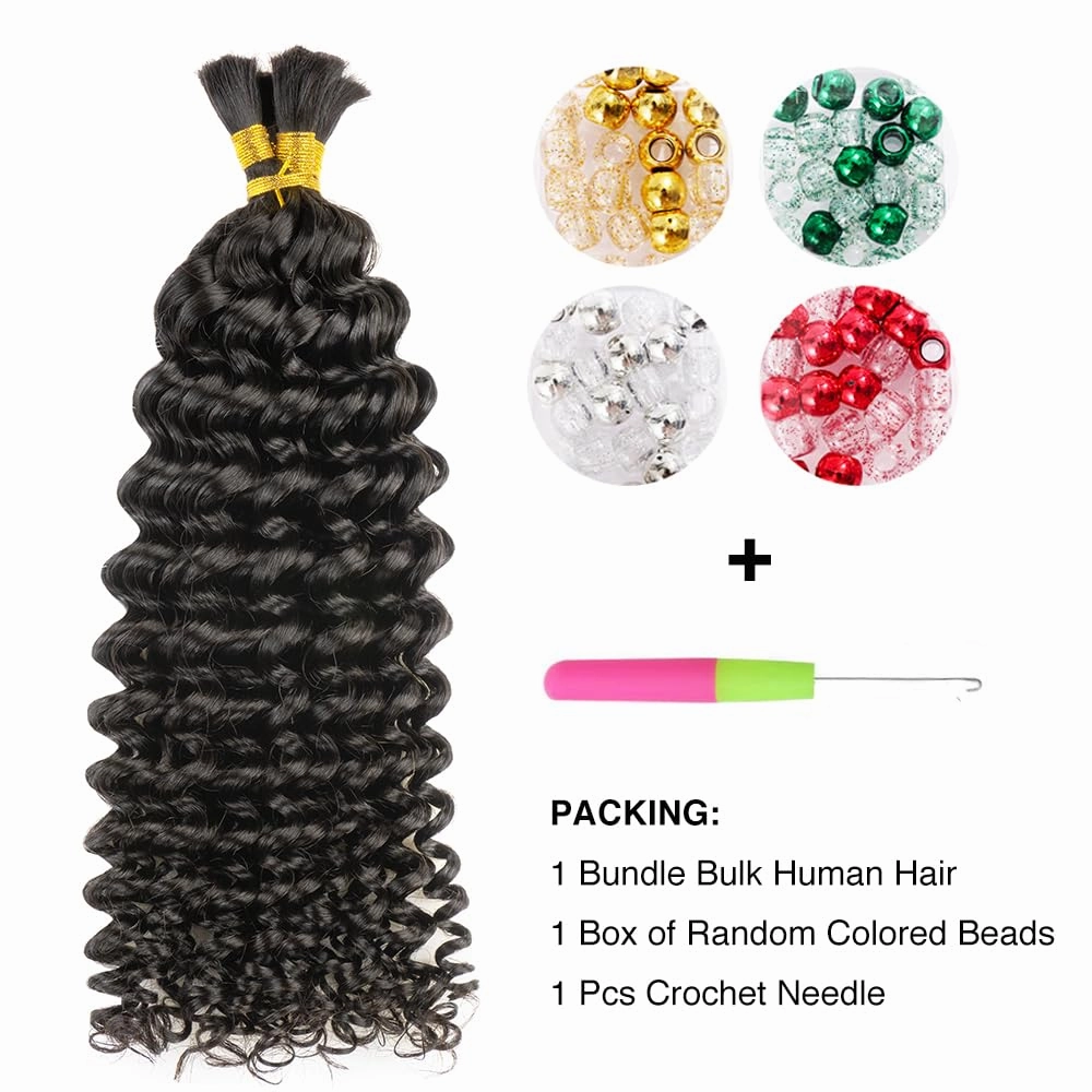 Niawigs Brazilian Human Bulk Braiding Hair Deep Curly No Weft Human Hair for Braiding 100 Percent Human Hair for Bohemian Kontless Natural Black 100 Gram Per Bundle (20 Inch, Deep Curly)