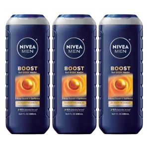 NIVEA MEN Boost Body Wash, Citrus Scent and Caffeine Enriched, 3-in-1 Men's Body Wash, Face and Hair, Paraben Free, Vegan Formula, 16.9 Fl Oz Bottle, Pack of 3