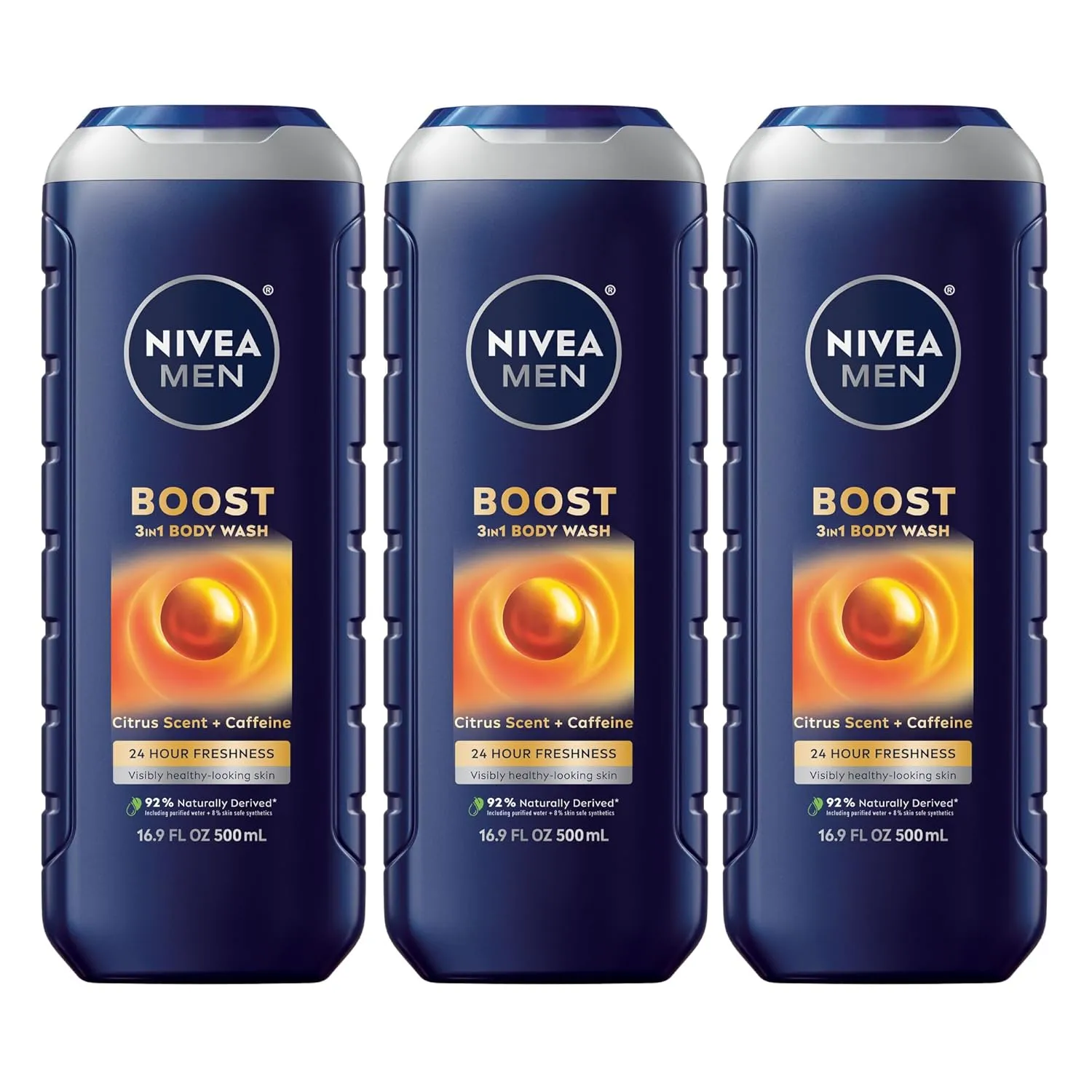 NIVEA MEN Boost Body Wash, Citrus Scent and Caffeine Enriched, 3-in-1 Men's Body Wash, Face and Hair, Paraben Free, Vegan Formula, 16.9 Fl Oz Bottle, Pack of 3