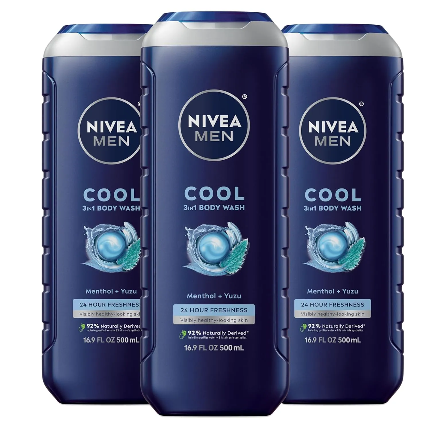 Nivea Men Cool Body Wash, Icy Menthol and Yuzu Scent, 3-in-1 Men's Body Wash, Face and Hair, Paraben Free, pH-Skin Friendly, 16.9 Fl Oz Bottle, Pack of 3