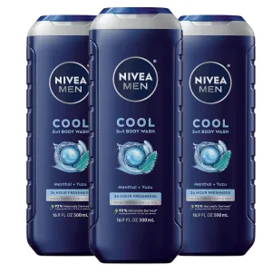 Nivea Men Cool Body Wash, Icy Menthol and Yuzu Scent, 3-in-1 Men's Body Wash, Face and Hair, Paraben Free, pH-Skin Friendly, 16.9 Fl Oz Bottle, Pack of 3