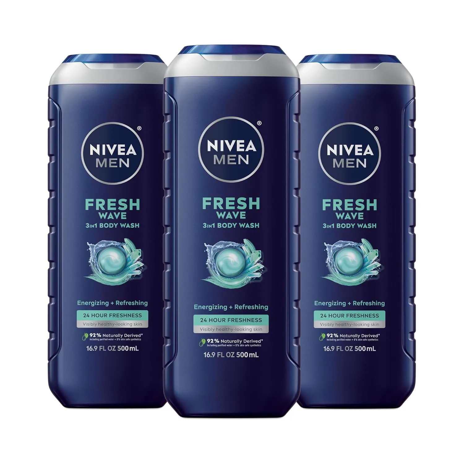 NIVEA Men Fresh Wave Body Wash with Menthol, Refreshing Scent, 3-in-1 Men's Body Wash, Face and Hair, Paraben Free, Vegan Formula, 16.9 Fl Oz Bottle, Pack of 3