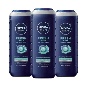 NIVEA Men Fresh Wave Body Wash with Menthol, Refreshing Scent, 3-in-1 Men's Body Wash, Face and Hair, Paraben Free, Vegan Formula, 16.9 Fl Oz Bottle, Pack of 3