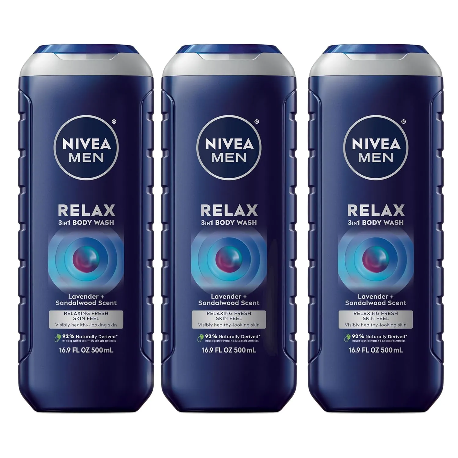 NIVEA MEN Relax 3-in-1 Body Wash, Lavender and Sandalwood Scent, 3-in-1 Men's Body Wash, Face and Hair, Paraben Free, Vegan Formula, 16.9 Fl Oz Bottle, Pack of 3