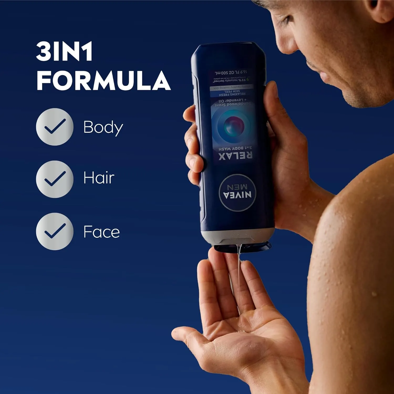 NIVEA MEN Relax 3-in-1 Body Wash, Lavender and Sandalwood Scent, 3-in-1 Men's Body Wash, Face and Hair, Paraben Free, Vegan Formula, 16.9 Fl Oz Bottle, Pack of 3