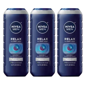 NIVEA MEN Relax 3-in-1 Body Wash, Lavender and Sandalwood Scent, 3-in-1 Men's Body Wash, Face and Hair, Paraben Free, Vegan Formula, 16.9 Fl Oz Bottle, Pack of 3