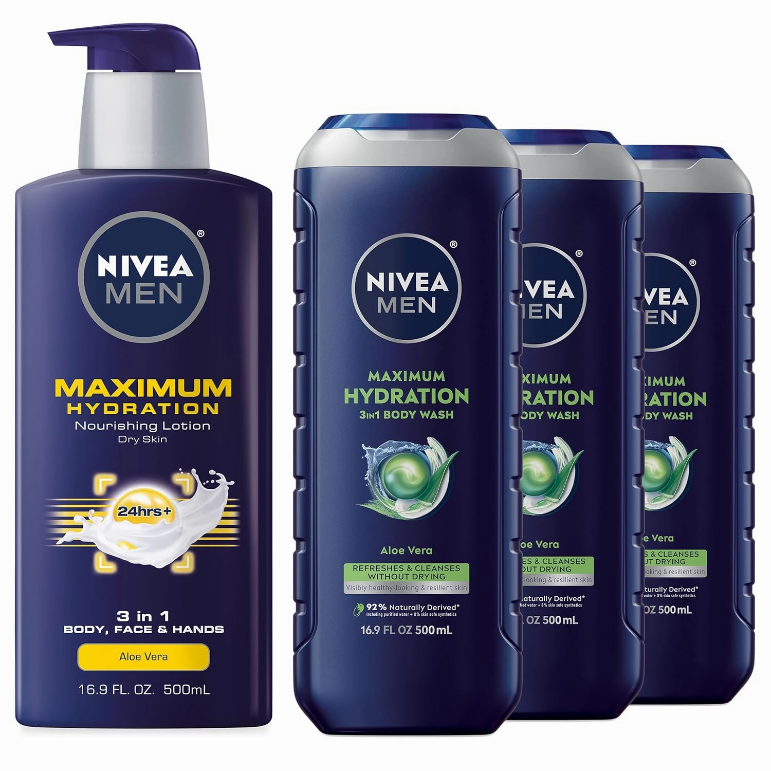 NIVEA MEN Skin Care Set for Men with Aloe Vera, Maximum Hydration Hydrating Body Lotion for Men, 16.9 Fl Oz Bottle   Maximum Hydration Hydrating Body Wash for Men, 16.9 Fl Oz Bottle (Pack of 3)
