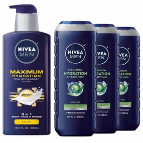 NIVEA MEN Skin Care Set for Men with Aloe Vera, Maximum Hydration Hydrating Body Lotion for Men, 16.9 Fl Oz Bottle   Maximum Hydration Hydrating Body Wash for Men, 16.9 Fl Oz Bottle (Pack of 3)