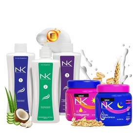 NK Professional Care. Complete Hair Straightening Treatment Kit Steps 1,2,3,4. Hair Surgery with keratin, post-treatment shampoo and Moisturizing Hair Masks with Hyaluronic Acid and Collagen.