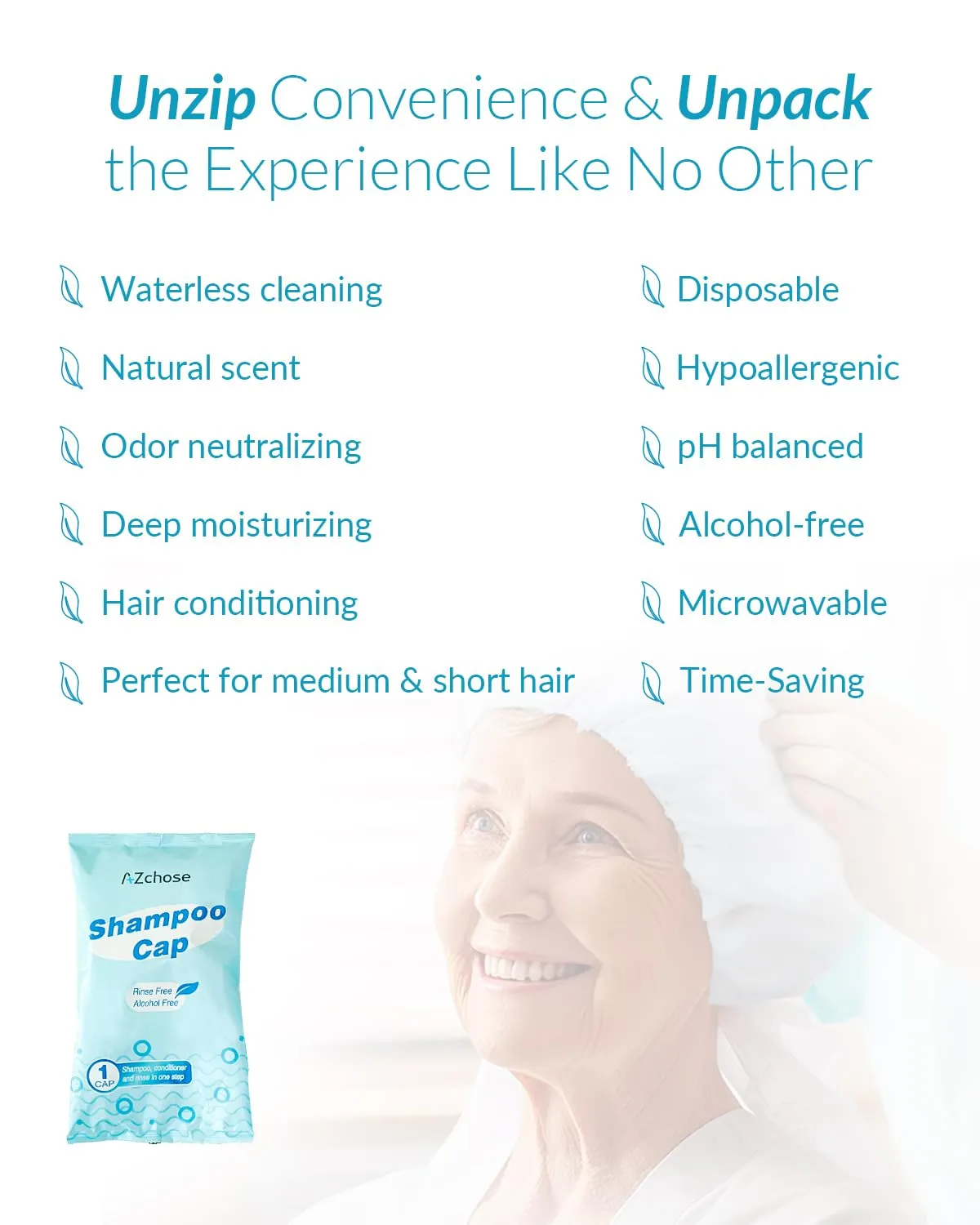 No Water Rinse Free Shampoo Caps for Camping & Home Care, Dry Hair Washing Caps for Adult & Elderly, Waterless Shampoo Shower Caps for Bedridden Patients, Microwaveable & Alcohol-Free, 5 Pack