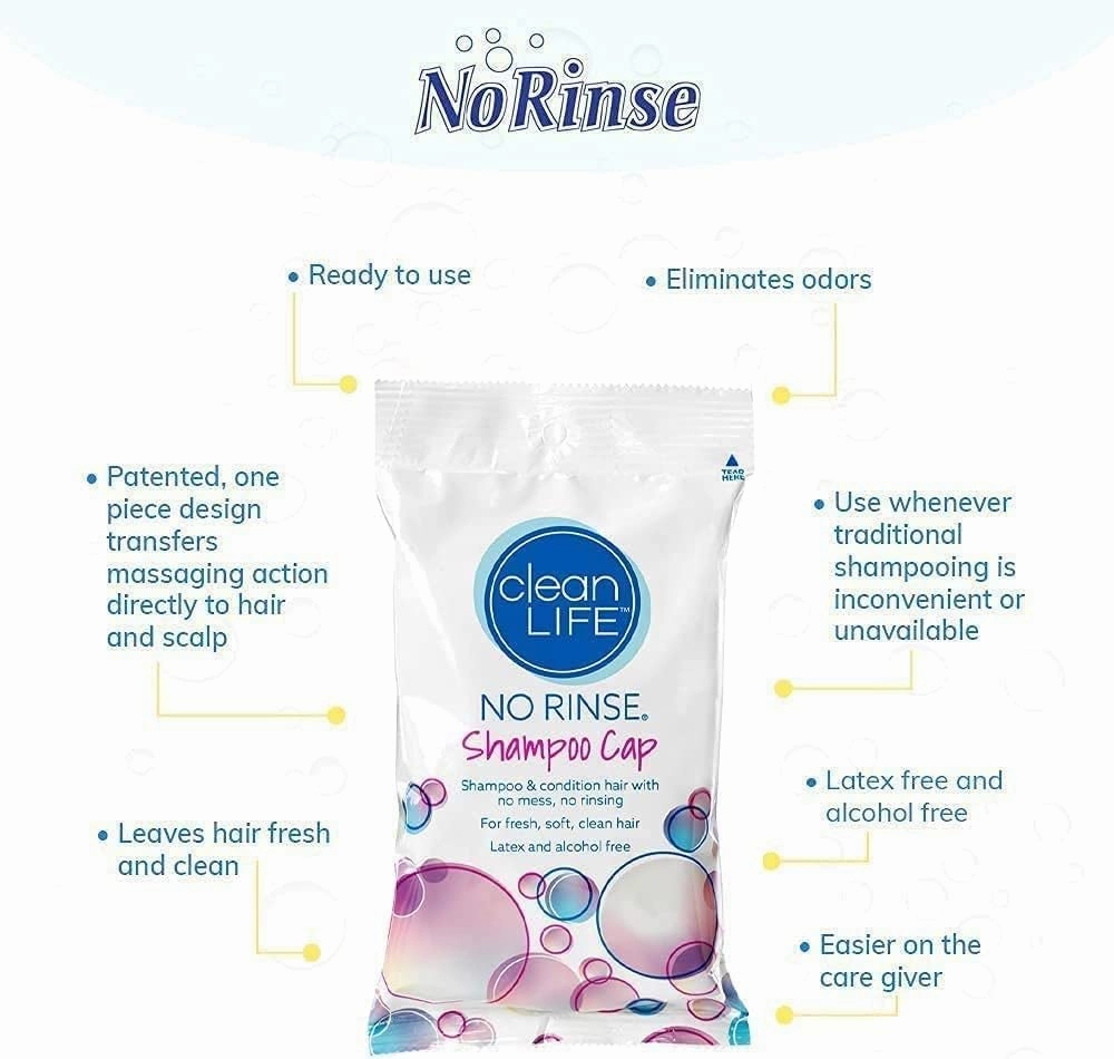 No-Rinse Shampoo Cap by Cleanlife Products, Shampoo and Condition Hair with no Water or Rinsing - Microwaveable, Latex-Free and Alcohol-Free (Pack of 5)