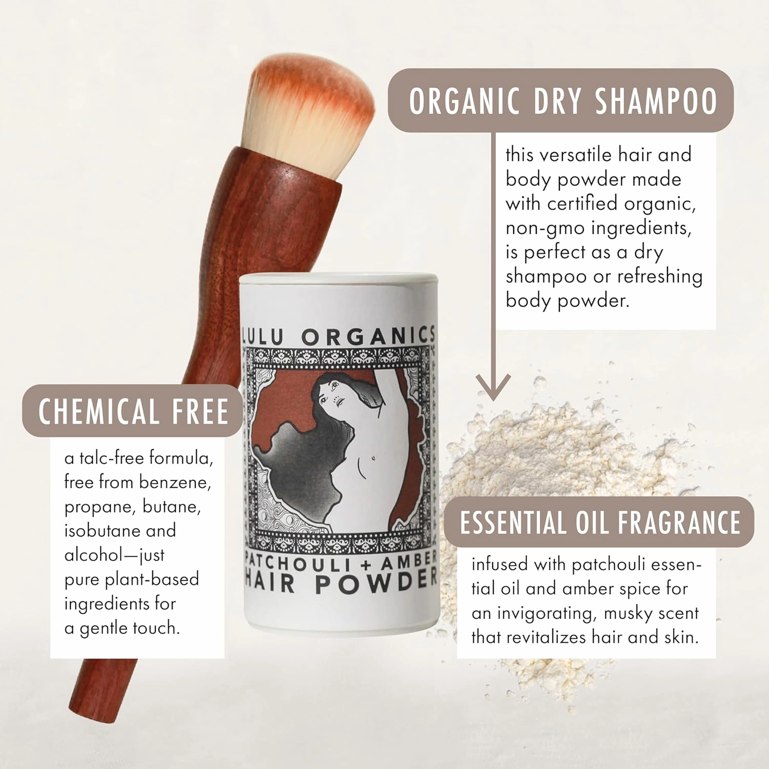 Non Aerosol Dry Shampoo Powder for Dark, Blonde and Oily Hair, All Natural Organic Hair and Body Powder, Paraben &Talc free No White Cast Synthetic Fragrance, Travel Size, Patchouli and Amber -1oz