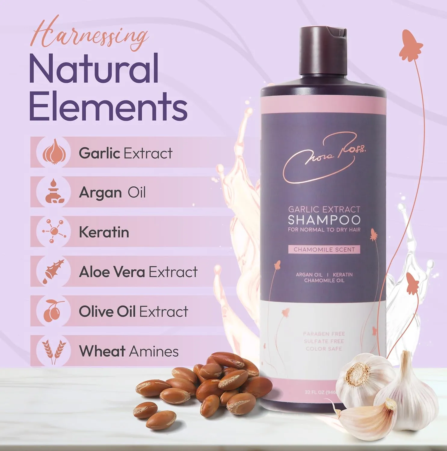 Nora Ross Garlic Shampoo with Chamomile Scent – Hair Growth Shampoo for Men and Women – Volumizing and Thickening Formula with Argan Oil and Amino Acids for Normal to Dry Hair – 32oz