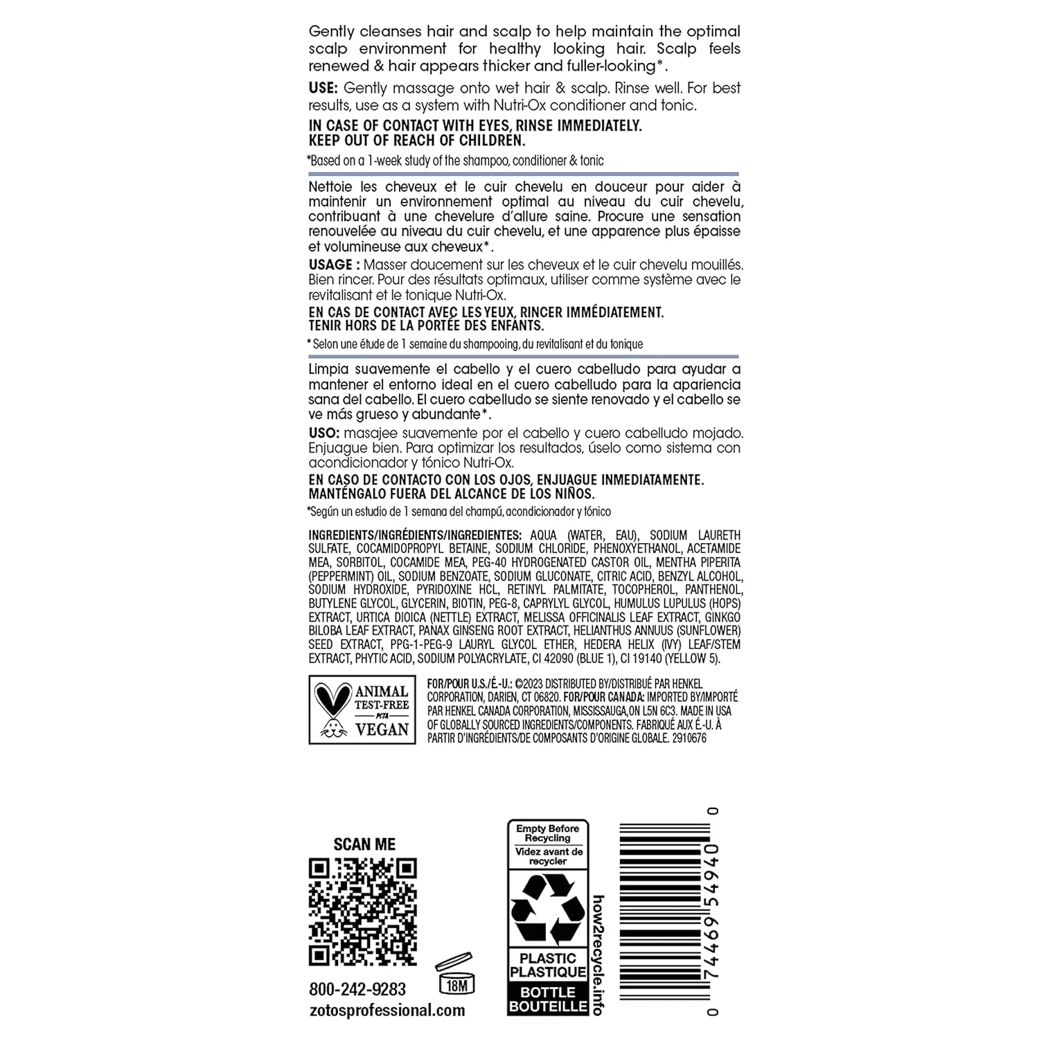 NUTRI-OX Gentle Shampoo Normal for Thinning Hair | Thicker, Fuller-Looking Hair | Clinically & Dermatologically Tested | Peppermint | Color-Safe