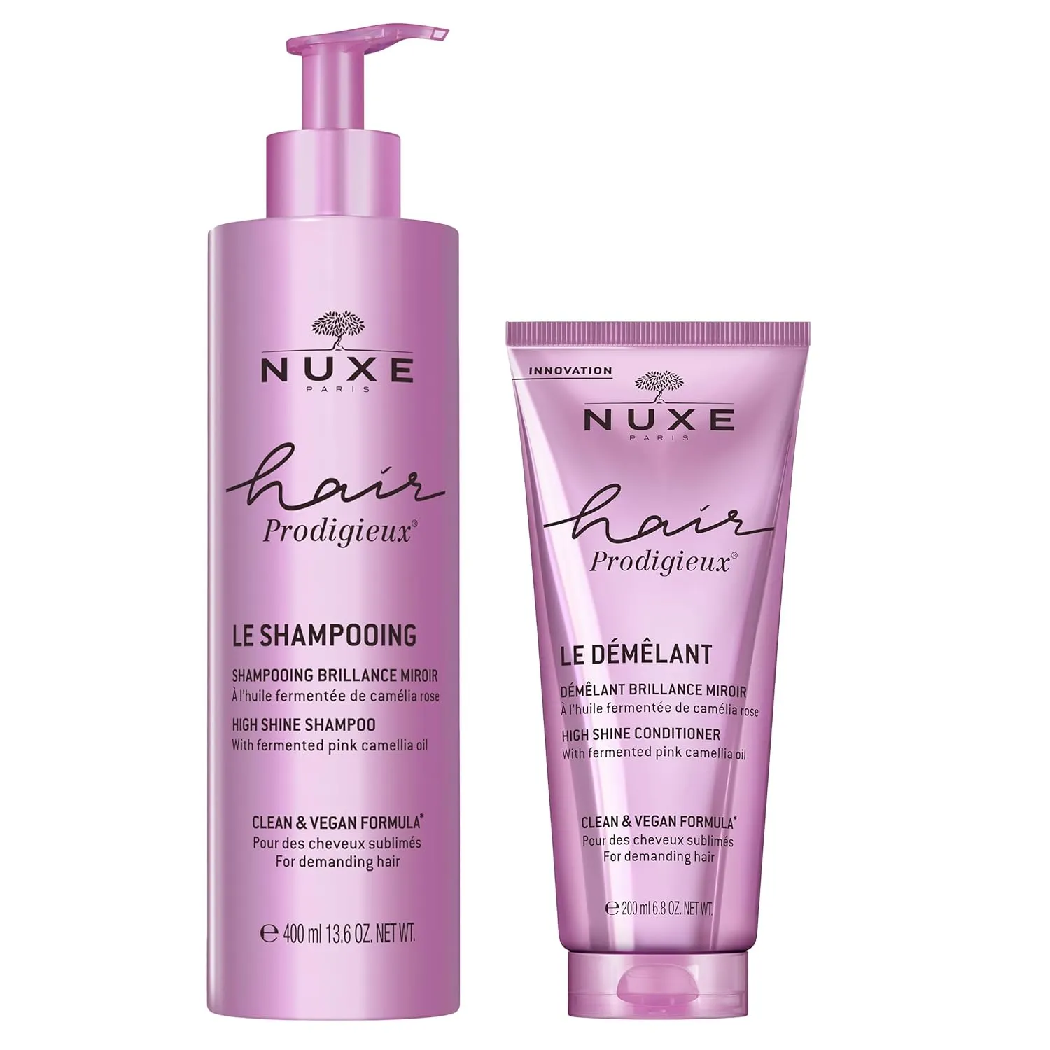 Nuxe Hair Prodigieux High Shine Shampoo (13.6 fl oz) & Conditioner (6.8 fl oz) Duo, Nourishing Hair Care Set with Camellia Oil, Silicone-Free, Sulfate-Free