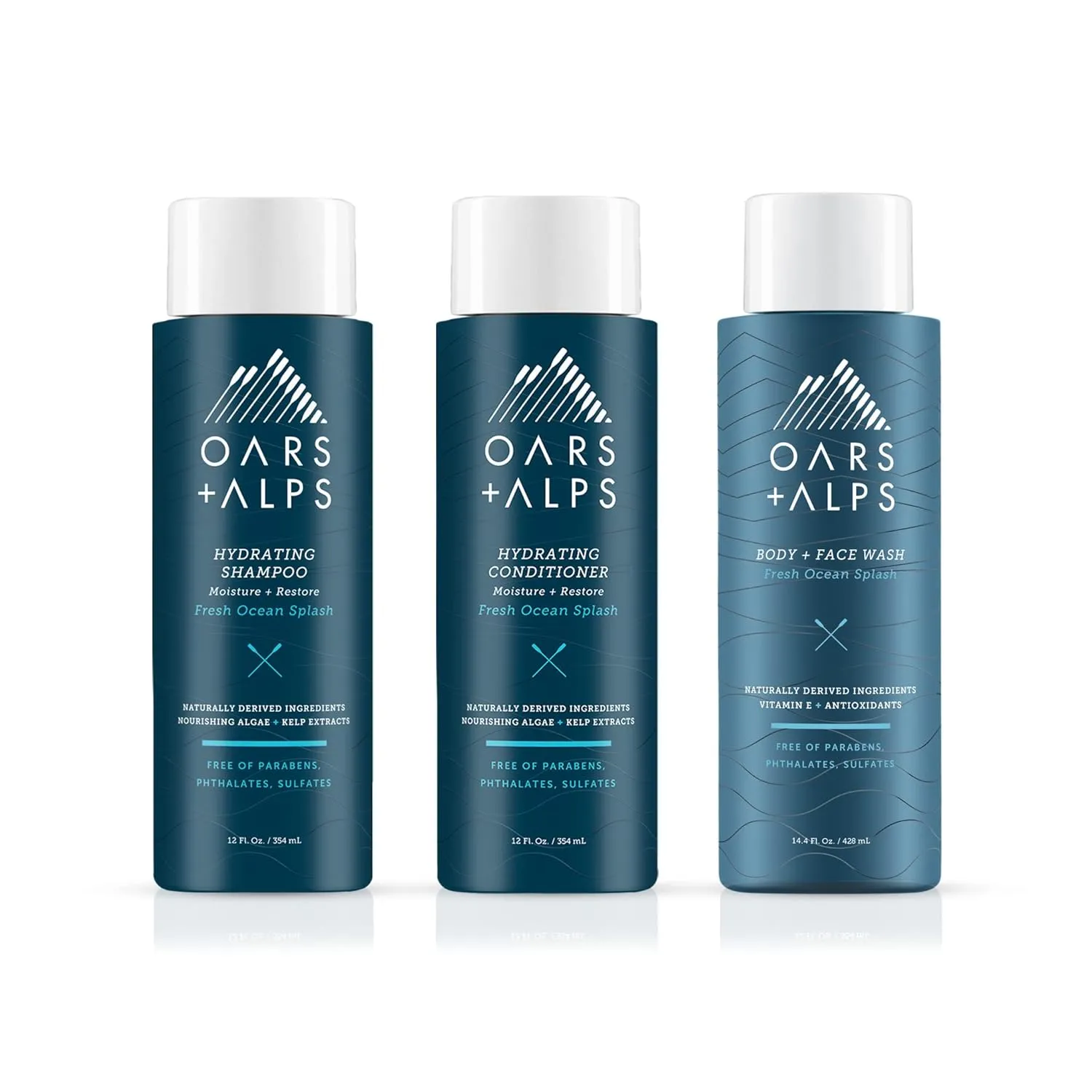 Oars   Alps Men's Sulfate Free Hair Shampoo, Conditioner, and Body Wash Kit, Moisturizing Skin Care Infused with Kelp and Algae Extracts, Fresh Ocean Splash Scent