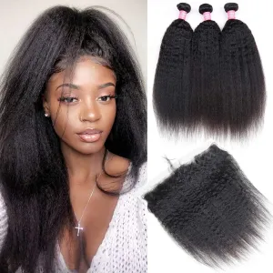 Odir Kinky Straight Bundles with 13x4 Frontal Brazilian Human Hair 16 18 20 14 Inch Unprocessed 9A Yaki Straight Virgin Hair 3 Bundles with Lace Closure Frontal Natural Color