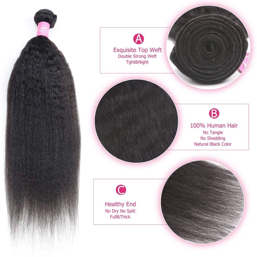 Odir Kinky Straight Bundles with 13x4 Frontal Brazilian Human Hair 16 18 20 14 Inch Unprocessed 9A Yaki Straight Virgin Hair 3 Bundles with Lace Closure Frontal Natural Color