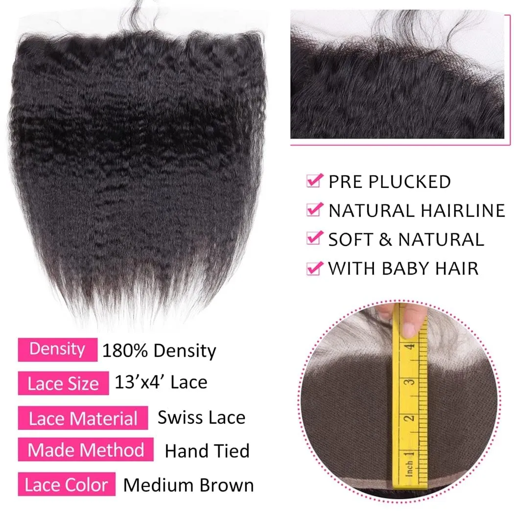 Odir Kinky Straight Bundles with 13x4 Frontal Brazilian Human Hair 16 18 20 14 Inch Unprocessed 9A Yaki Straight Virgin Hair 3 Bundles with Lace Closure Frontal Natural Color
