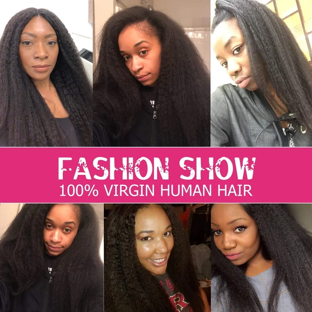 Odir Kinky Straight Bundles with 13x4 Frontal Brazilian Human Hair 16 18 20 14 Inch Unprocessed 9A Yaki Straight Virgin Hair 3 Bundles with Lace Closure Frontal Natural Color