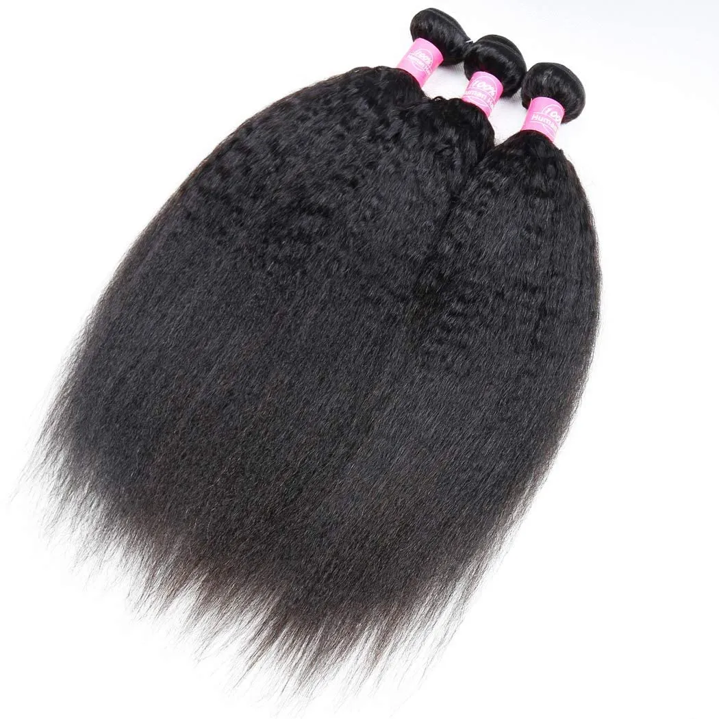 Odir Kinky Straight Bundles with 13x4 Frontal Brazilian Human Hair 16 18 20 14 Inch Unprocessed 9A Yaki Straight Virgin Hair 3 Bundles with Lace Closure Frontal Natural Color