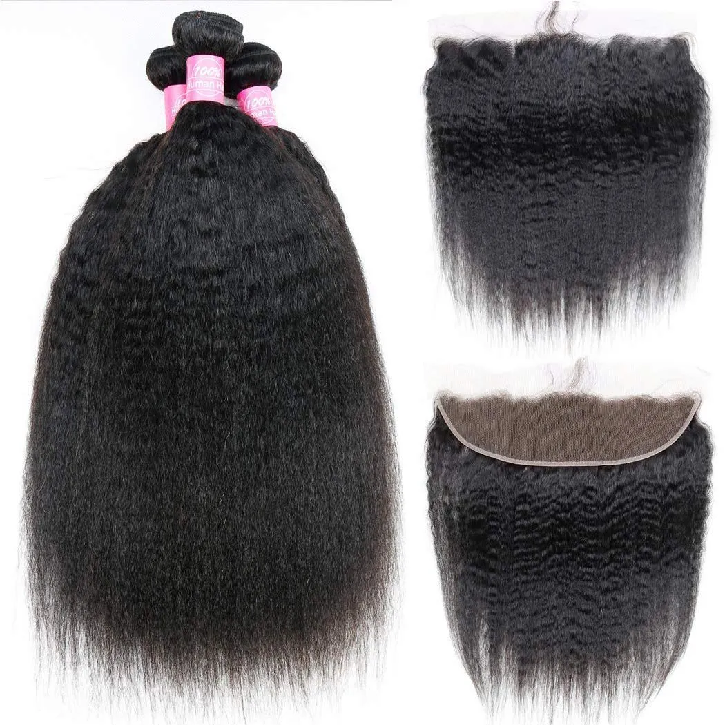 Odir Kinky Straight Bundles with 13x4 Frontal Brazilian Human Hair 16 18 20 14 Inch Unprocessed 9A Yaki Straight Virgin Hair 3 Bundles with Lace Closure Frontal Natural Color