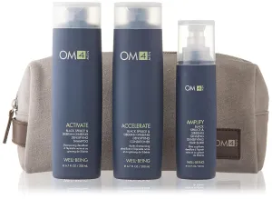 OM4 Hair Care Trio & Travel Bag - Mens Invigorating Shampoo, Conditioner, Hair Elixir Kit to improve hair and scalp conditioning