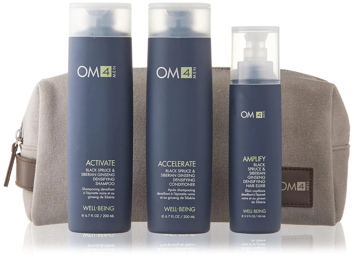 OM4 Hair Care Trio & Travel Bag - Mens Invigorating Shampoo, Conditioner, Hair Elixir Kit to improve hair and scalp conditioning