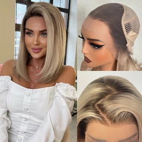 Ombre Ash Blonde Wigs Human Hair for Women 12A Real Human Hair Summer Wig Straight Short Blonde Bob Wig with Dark Roots Breathable Pre Cut Plucked 13x4 UHD Lace Front Wig for Daily Party 12In 180%