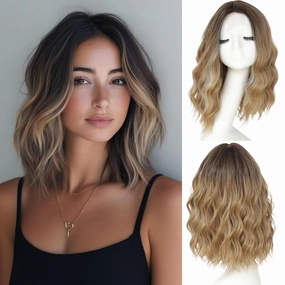 Ombre Blonde Short Wavy Wigs for Women Middle Part Lace Hairline Bob Wig Synthetic Hair 14 Inch Highlight Natural Hair for Daily Party Use