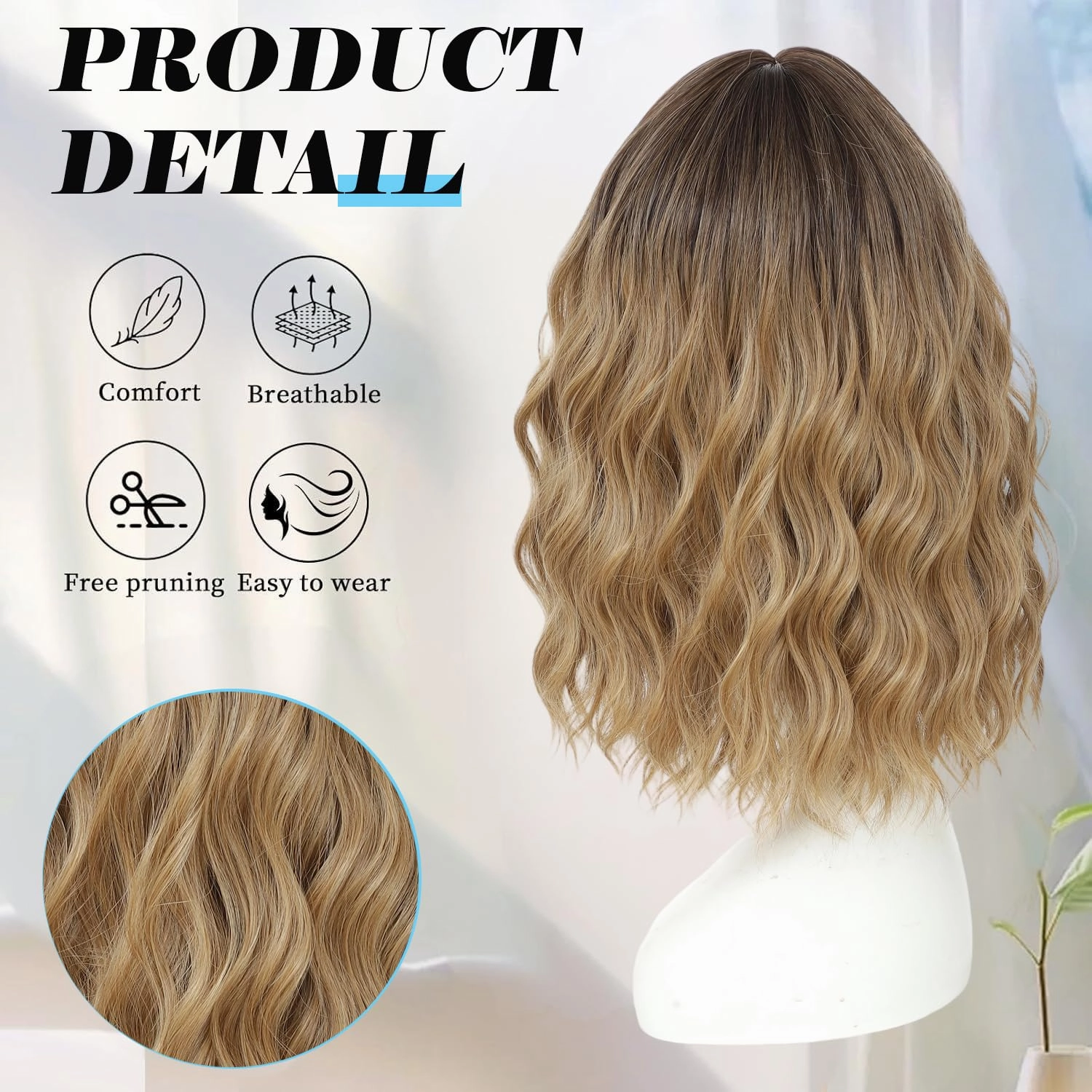 Ombre Blonde Short Wavy Wigs for Women Middle Part Lace Hairline Bob Wig Synthetic Hair 14 Inch Highlight Natural Hair for Daily Party Use