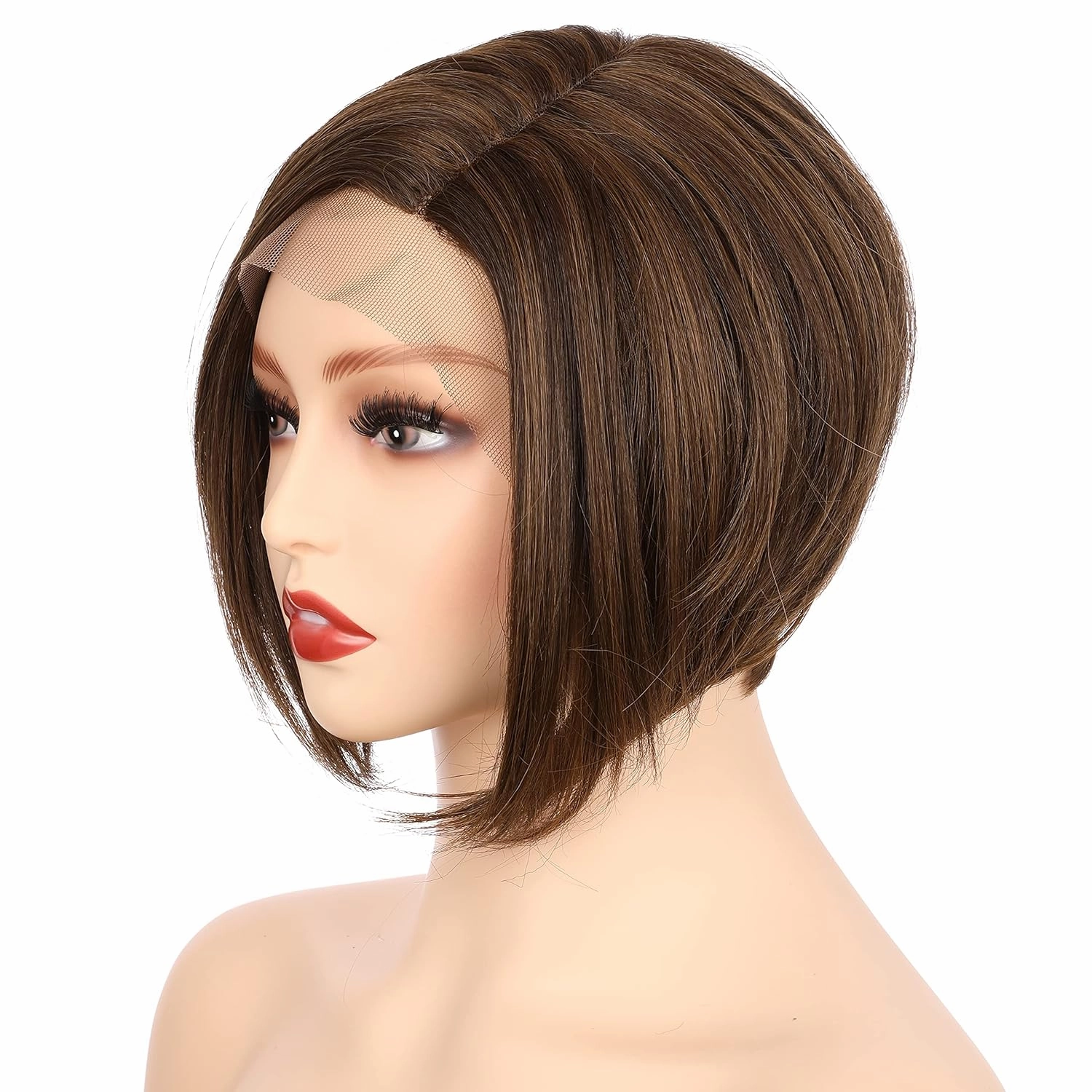 Onedor 8 Inch Angled Layers Lace Front Wig Relaxed Straight Bob Wig (Medium Brown Evenly Blended with Warm Medium Brown-RL6/8)